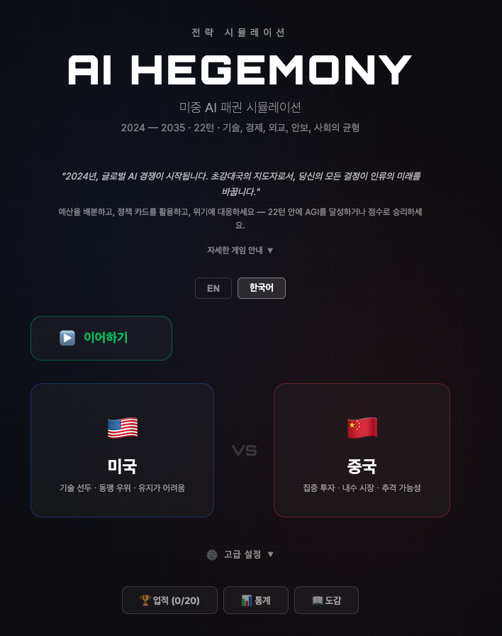 AI HEGEMONY — 메인 화면: US vs China 진영 선택